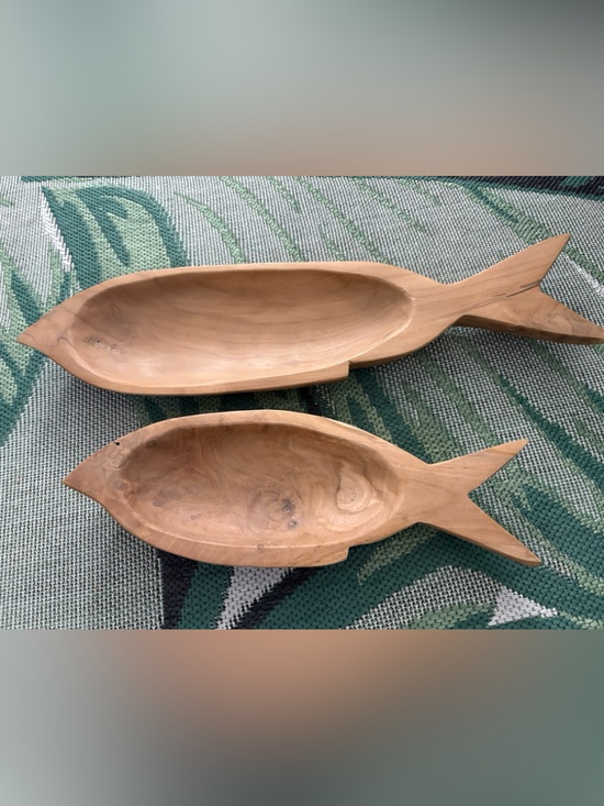 Other - Wooden Fish-Shaped Serving Bowls - Natural Brown